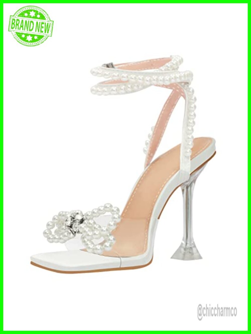 Square Toe Clear Heels Rhinestone Bow Open Toe Ankle Strap Stiletto High Heel
